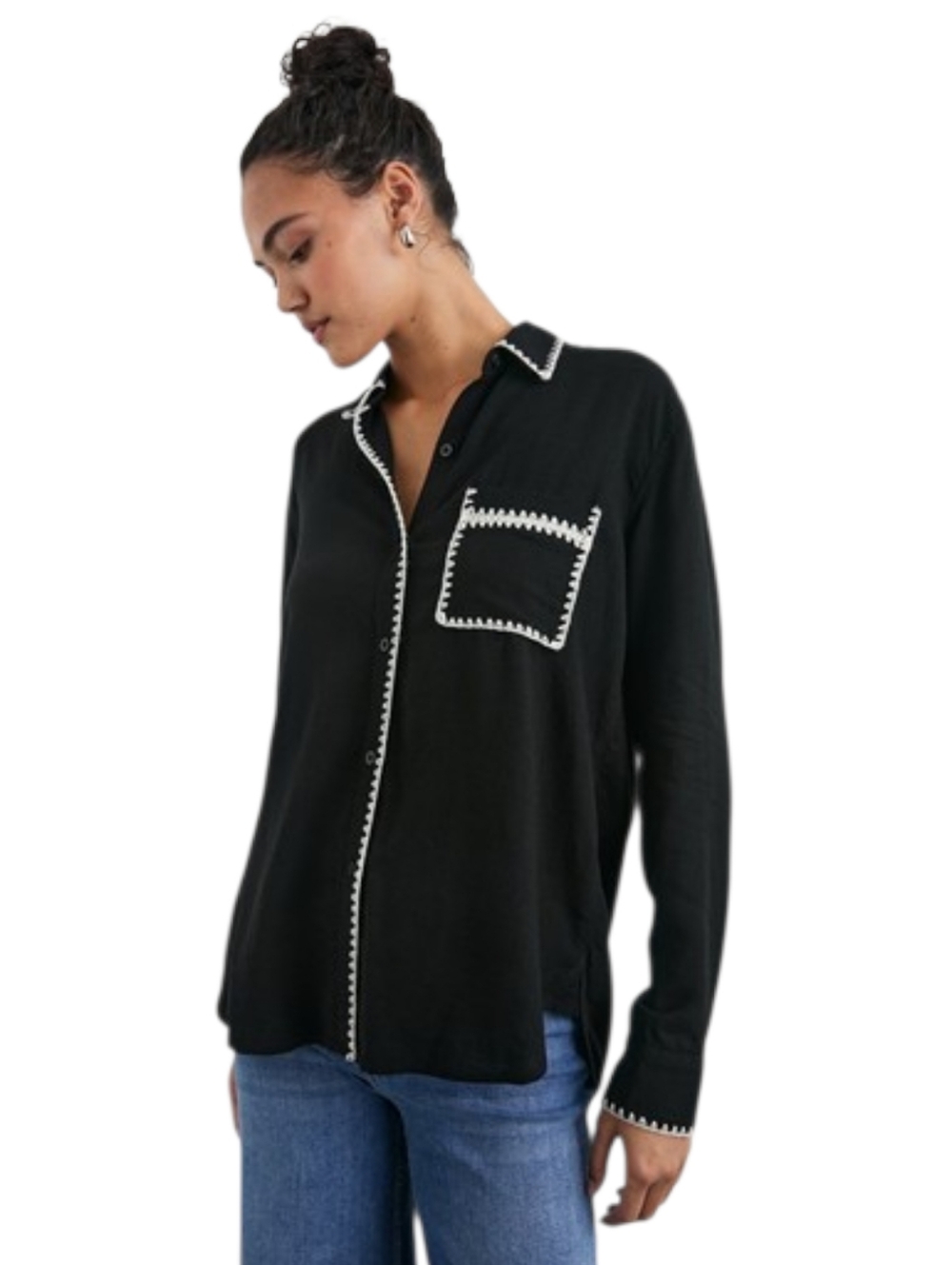 Rails Charli Top in Black Blanket Stitch, Size L